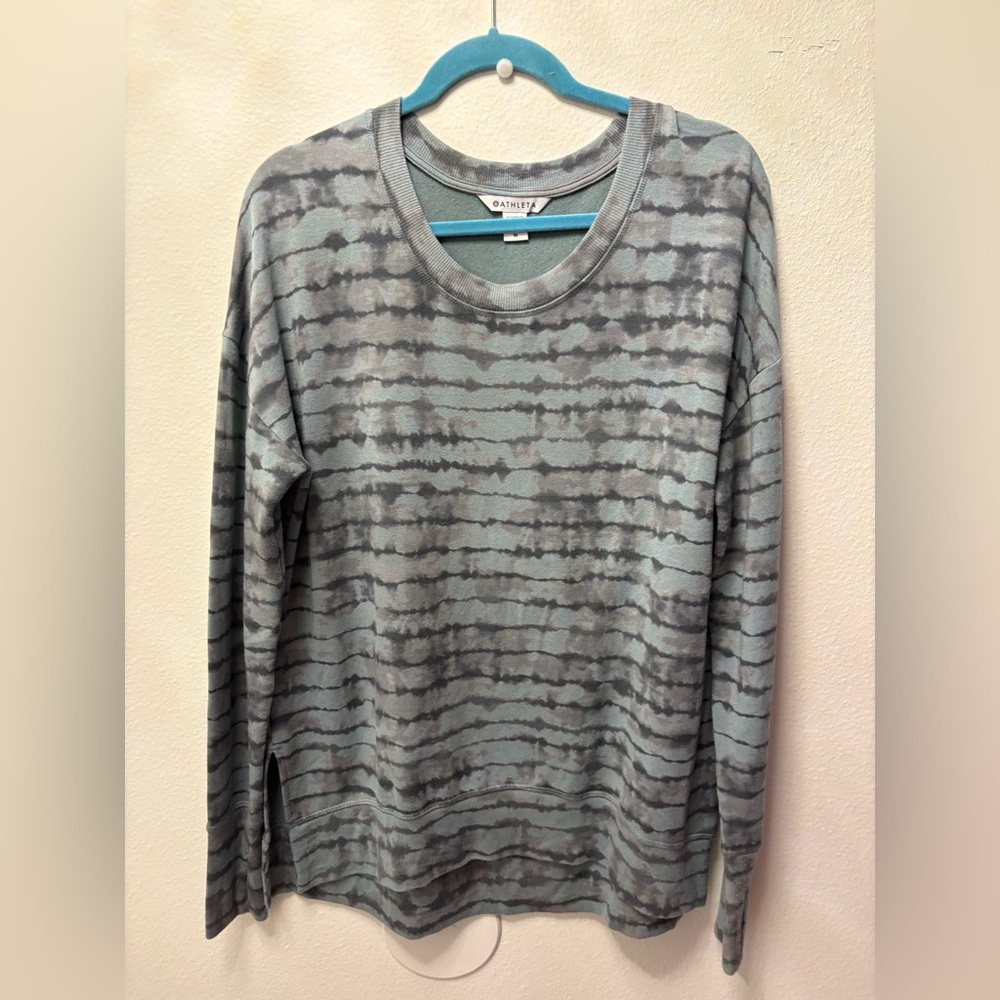Athleta Seafoam and Charcoal Striped Tie-Dye Crewneck